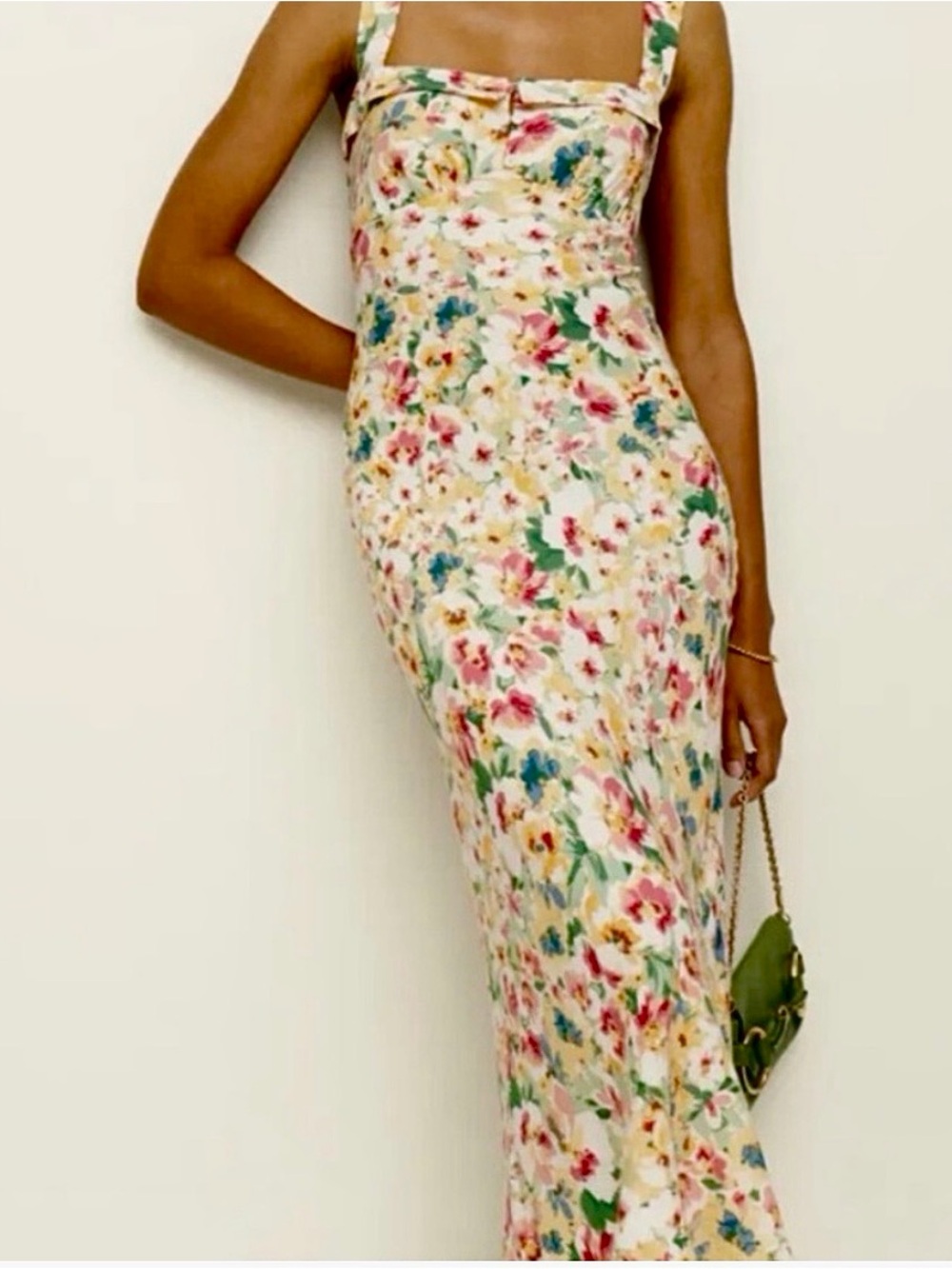 Reformation Yellow Floral Midi Dress with Red & Green Print - Size 10